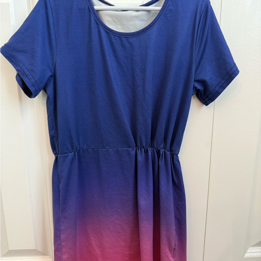 Blue and Pink Ombre Casual Sundress with Crew Neck